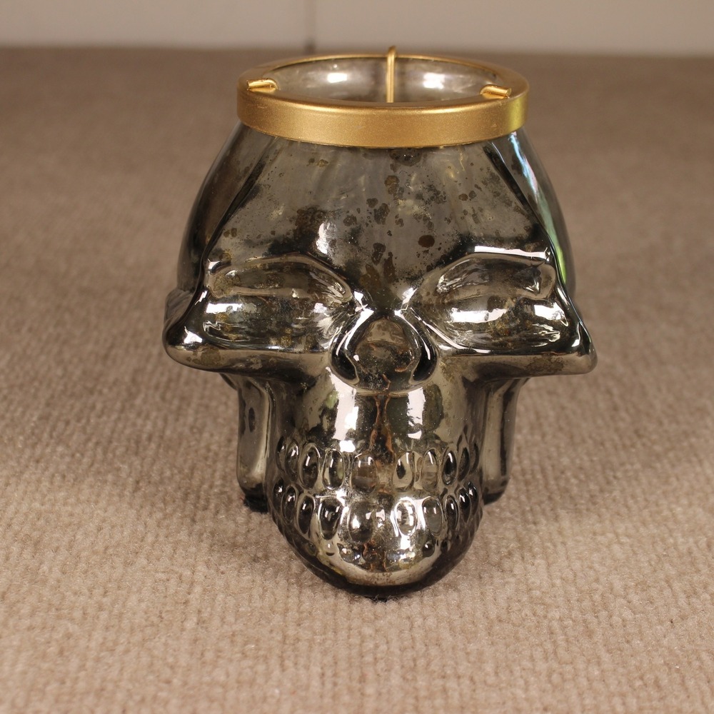 Mercury Glass Skull Tea Light Candle Holder Smoked Silver Gold Rim Gothic Decor